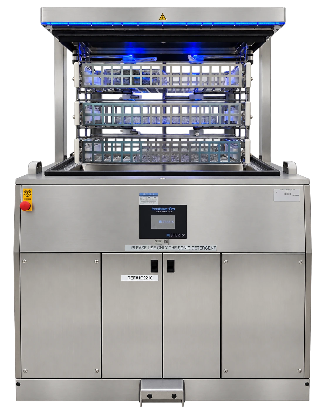 STERIS InnoWave Pro ultrasonic cleaning unit with its lid open and instrument baskets visible