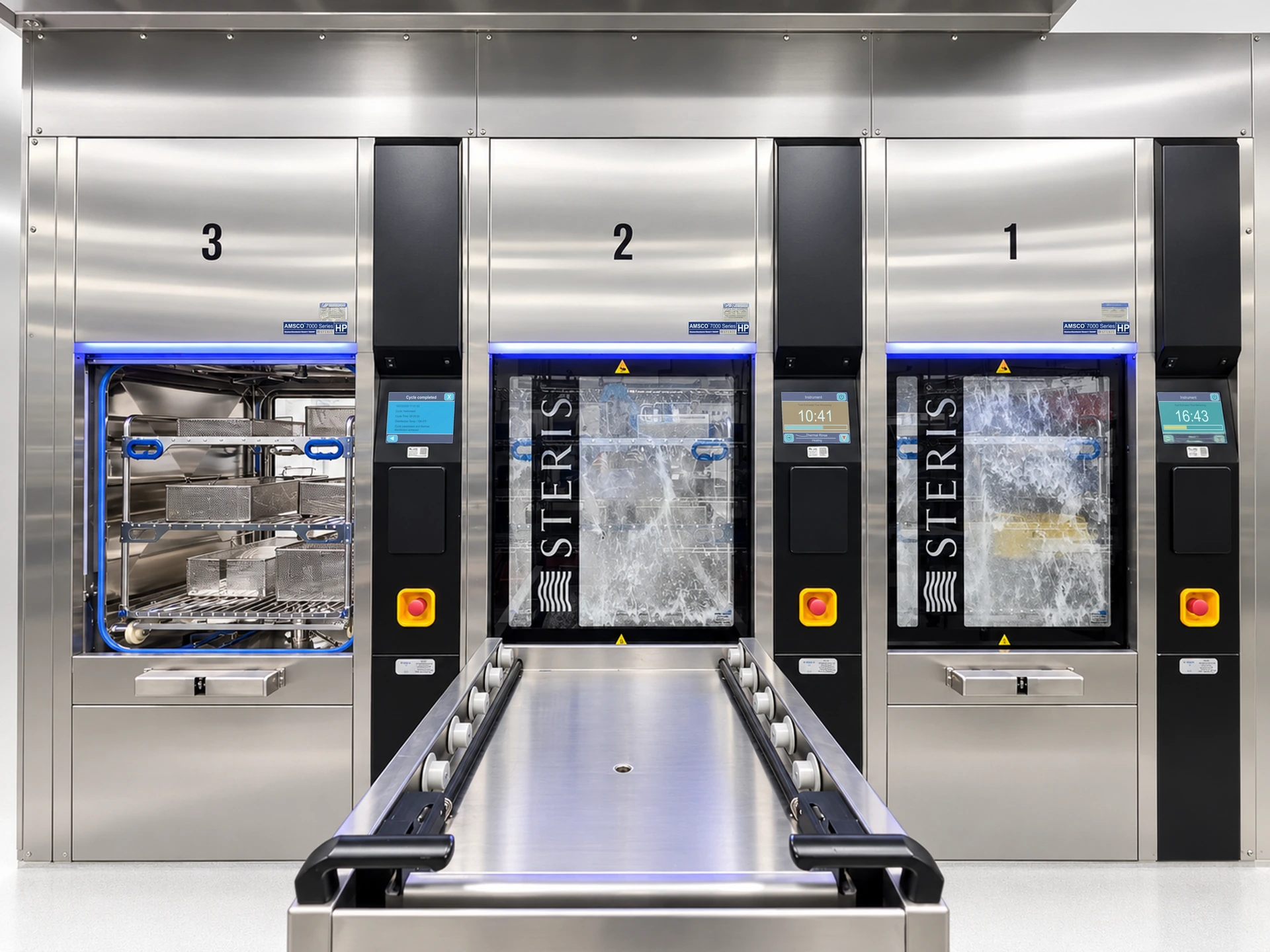 STERIS AMSCO washer-disinfectors with a loading conveyor in a sterile processing department