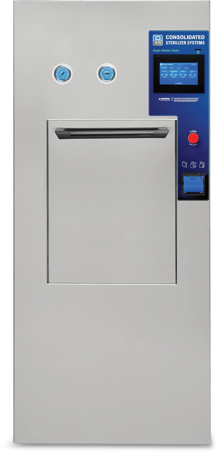 Consolidated healthcare steam sterilizer with a vertical sliding door and blue touchscreen control panel