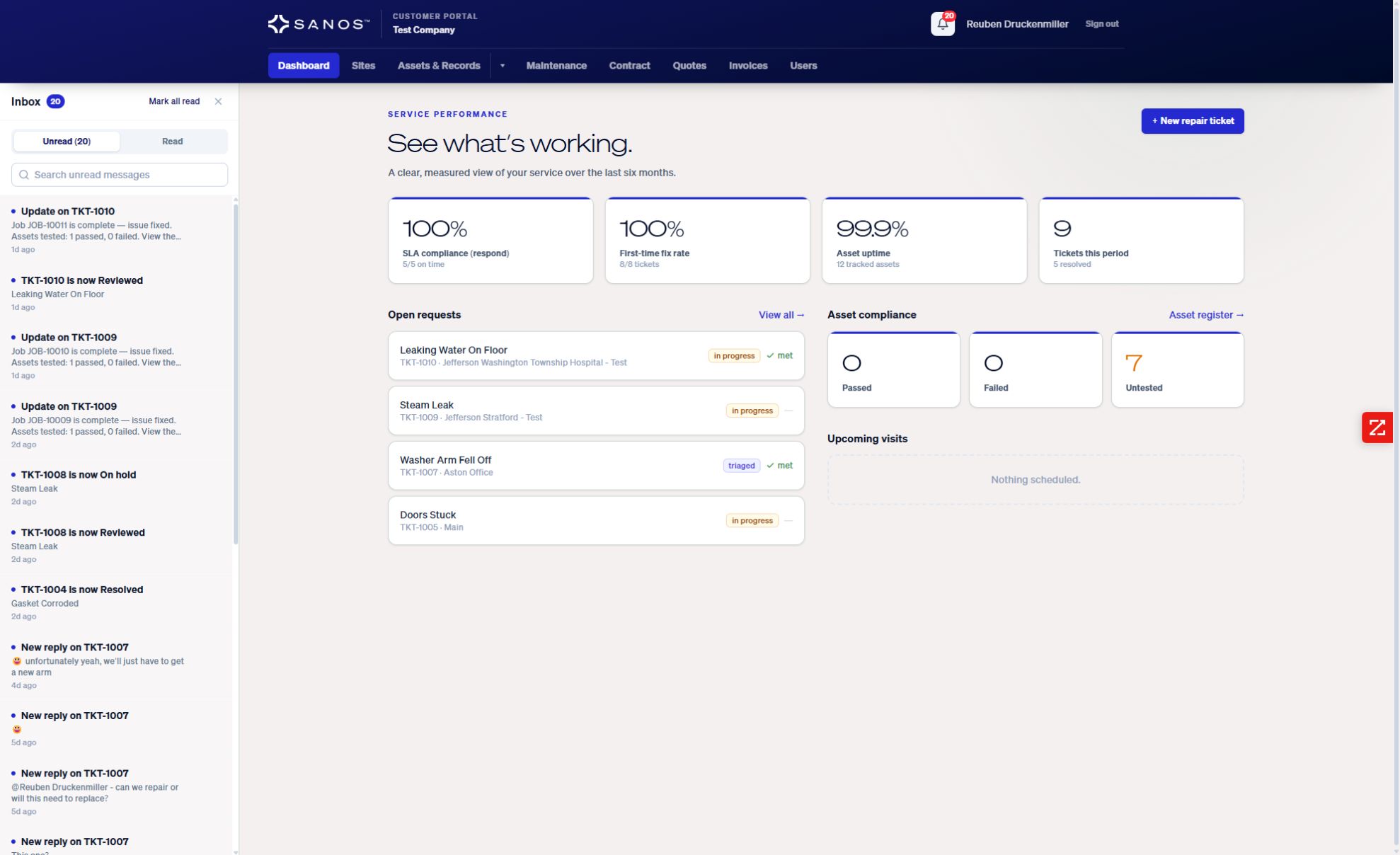 Sanos customer portal inbox with replies and service status updates linked to individual tickets, with example data.