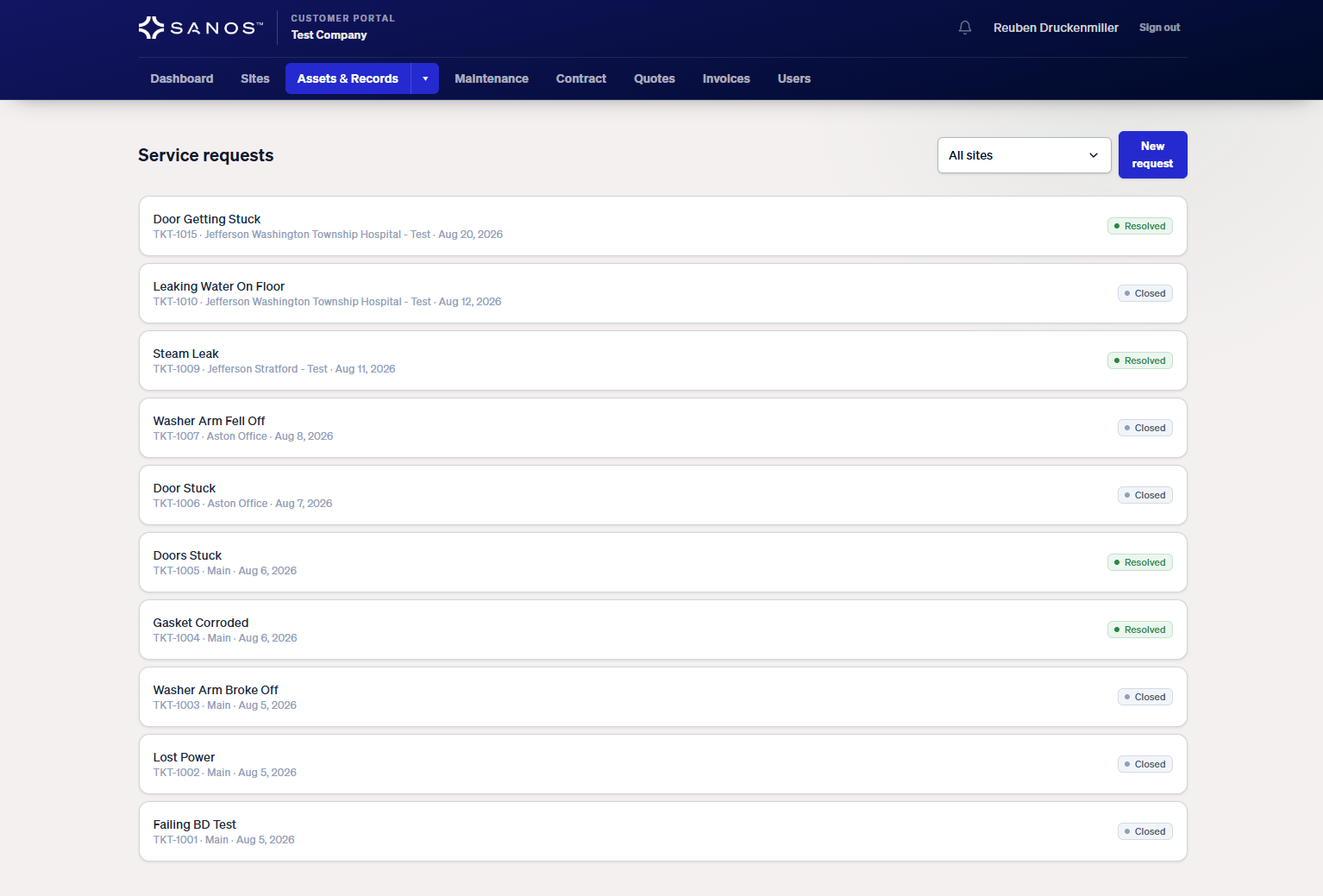 Sanos customer portal showing service requests, sites, and ticket statuses with example data