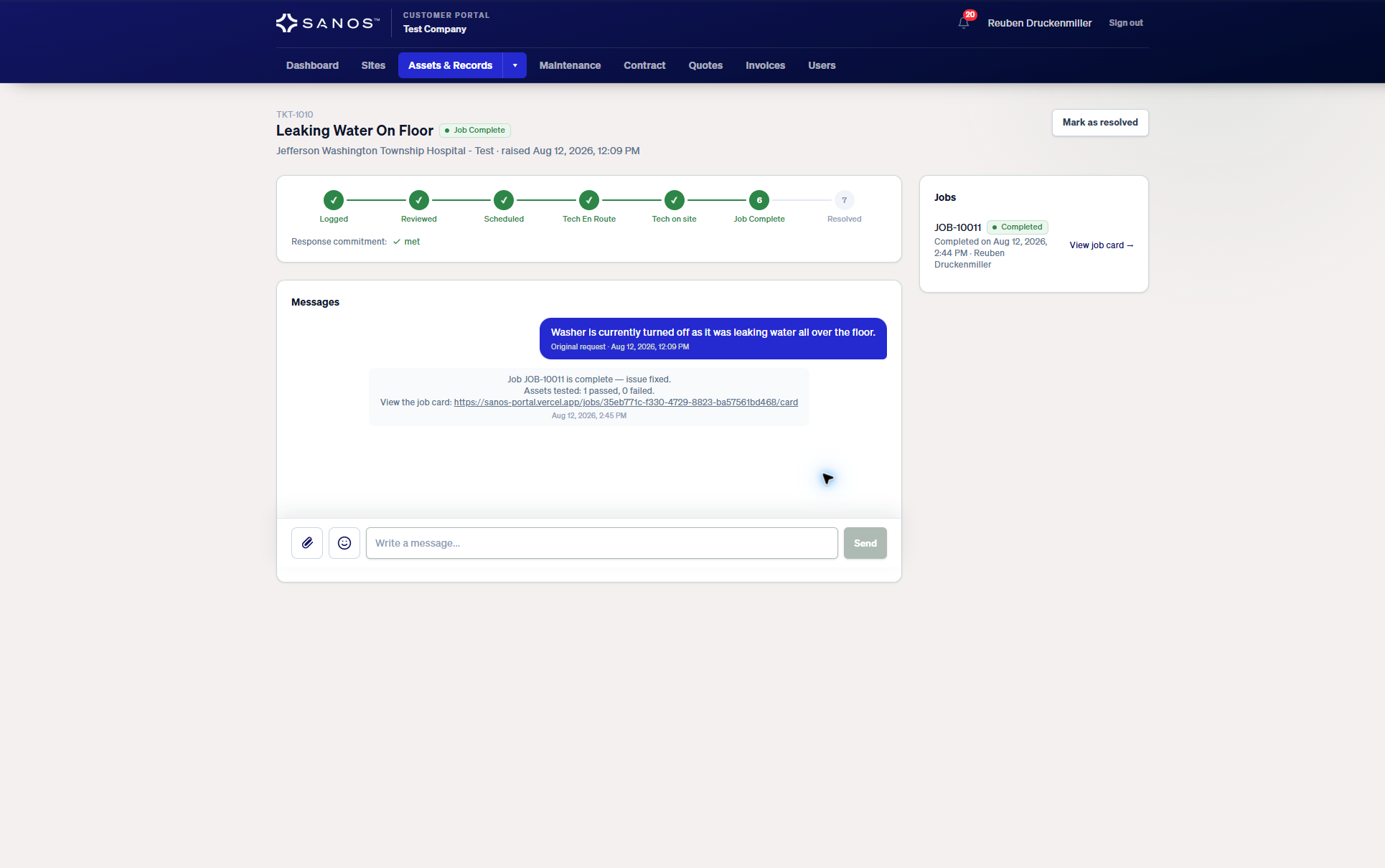 Sanos service ticket with a seven-stage progress tracker, a message conversation and a completed job card, with example data.