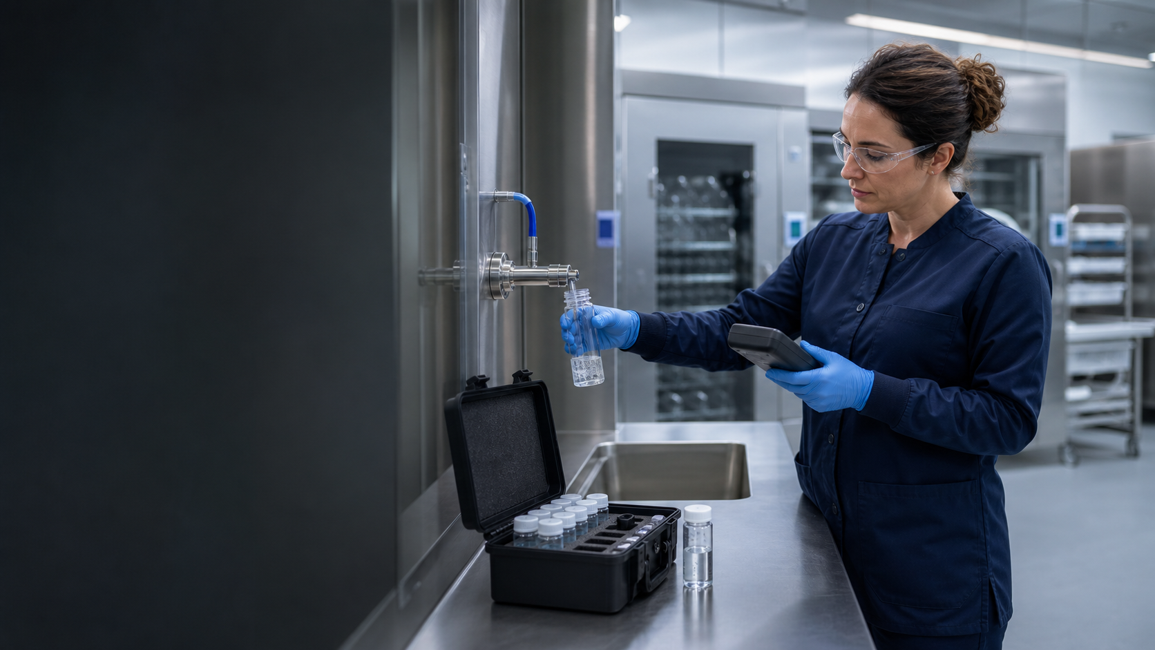 Illustration of a water-quality specialist collecting a sample in a sterile processing department